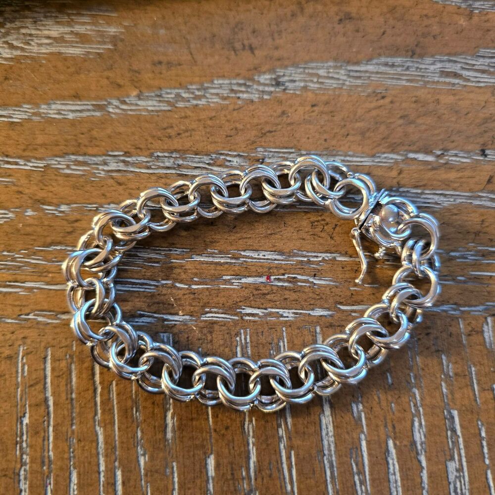 Vintage Classic Sterling Silver Double Link Charm Bracelet 7.5"